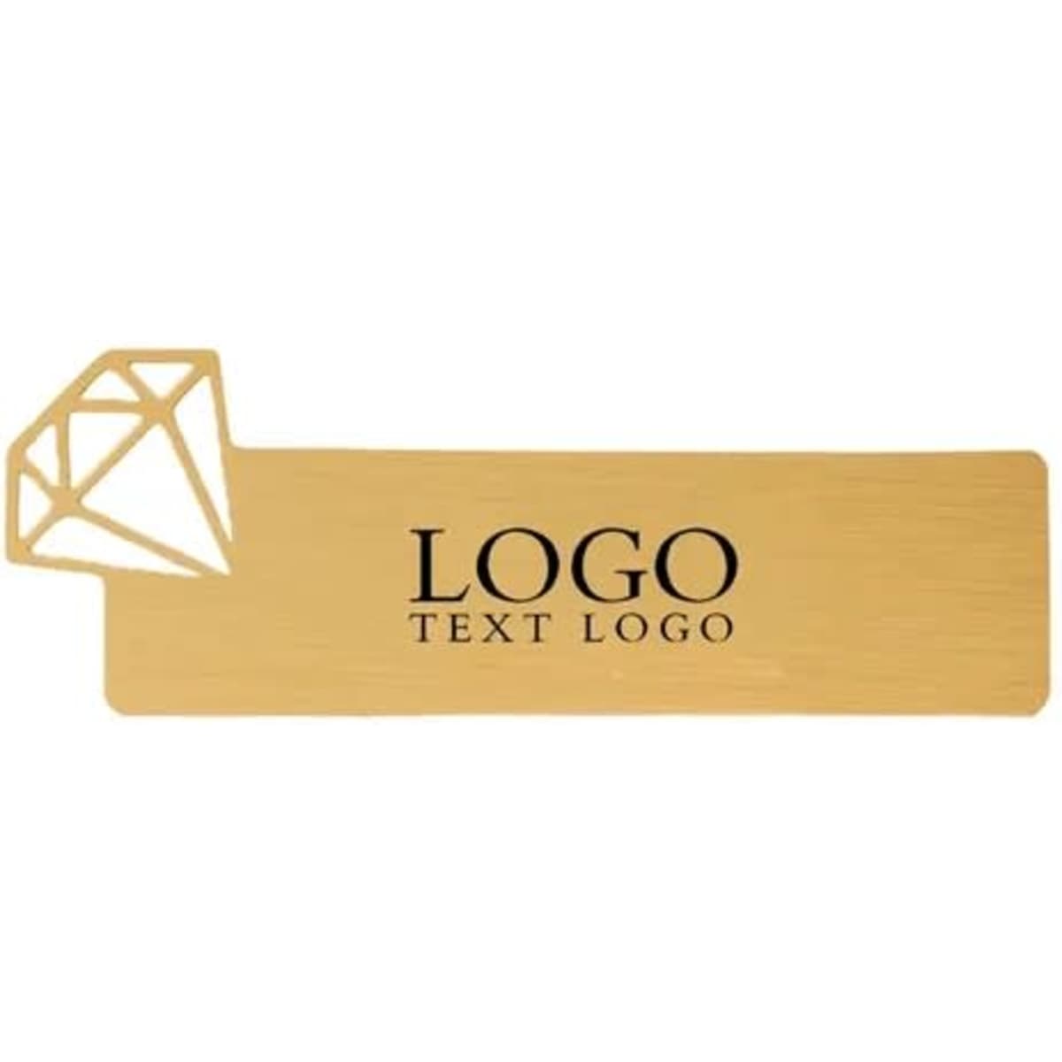 A brass name badge in gold featuring a diamond-shaped design and a logo area.