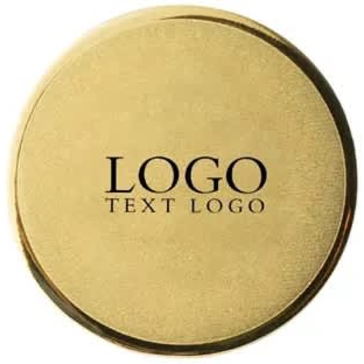 A round gold stainless steel name badge with a smooth, shiny surface and a logo.