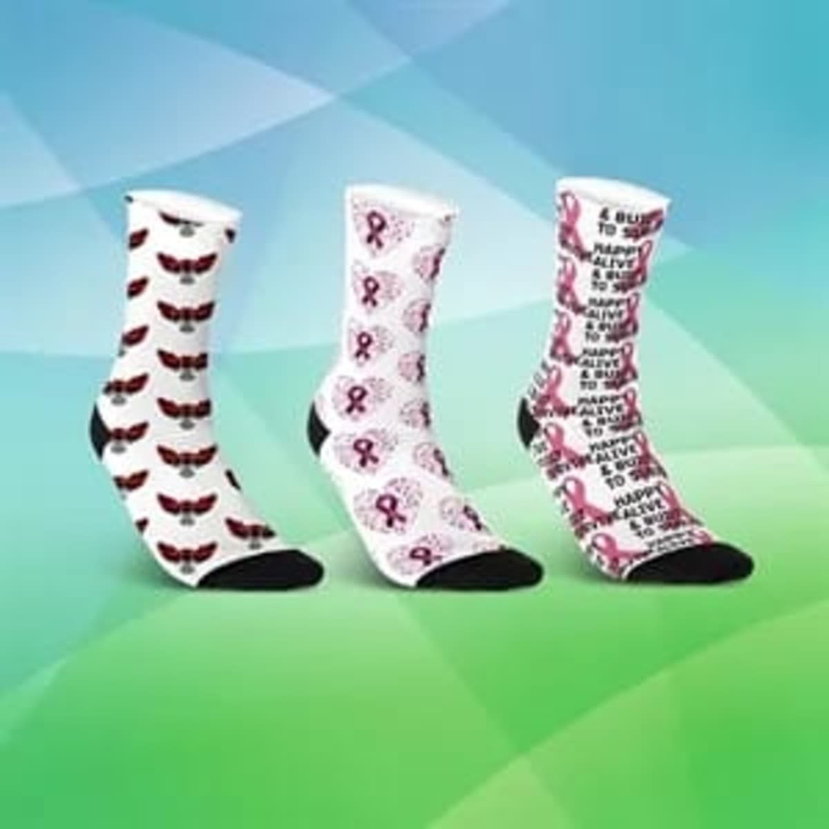Three pairs of mid-calf athletic running socks featuring various designs in white, pink, and black colours, with logos visible.