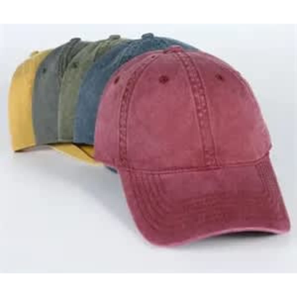 A selection of five bespoke faded vintage hats in red, yellow, green, blue, and a muted shade. Each hat features a logo.