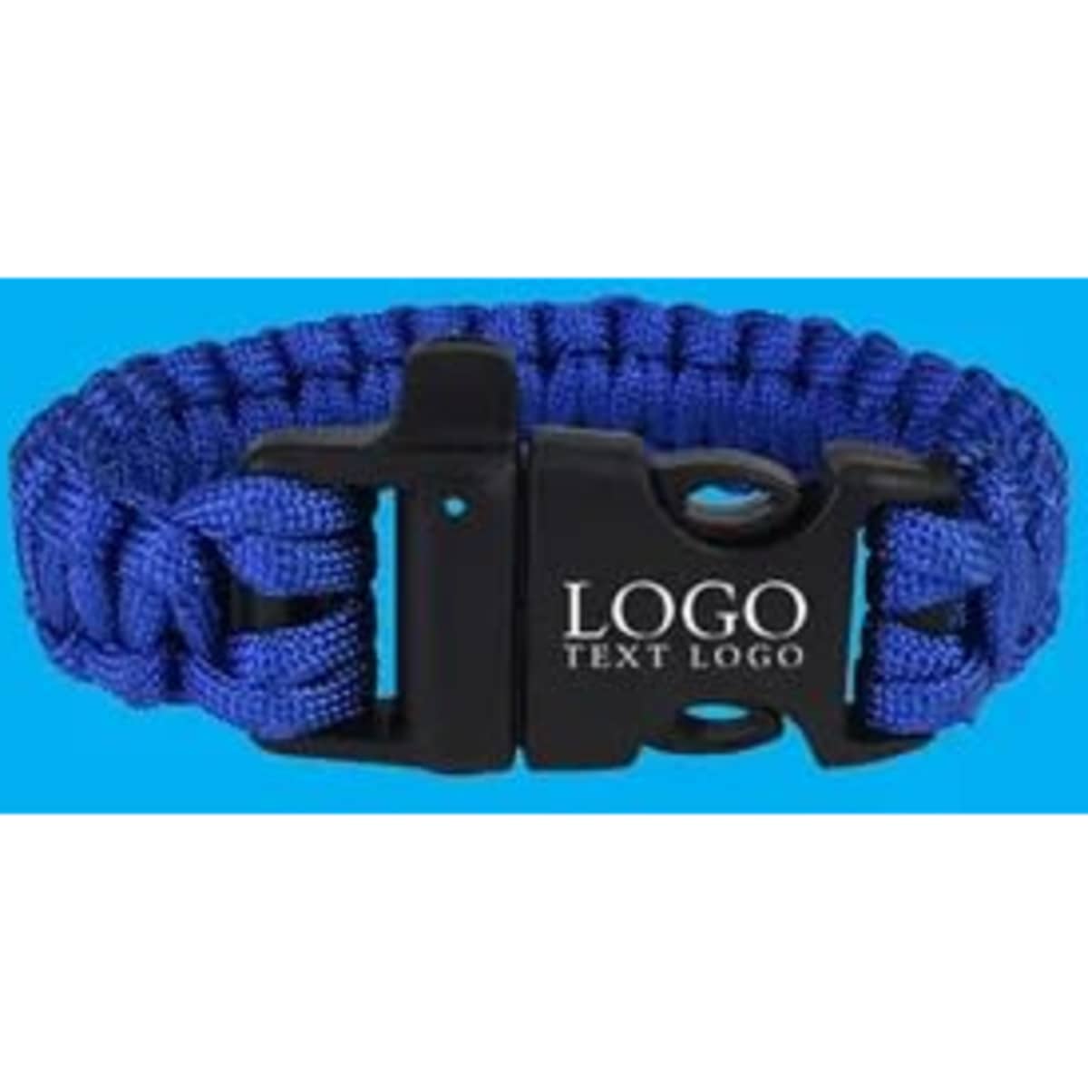 A blue survival paracord bracelet featuring a black buckle and a logo.