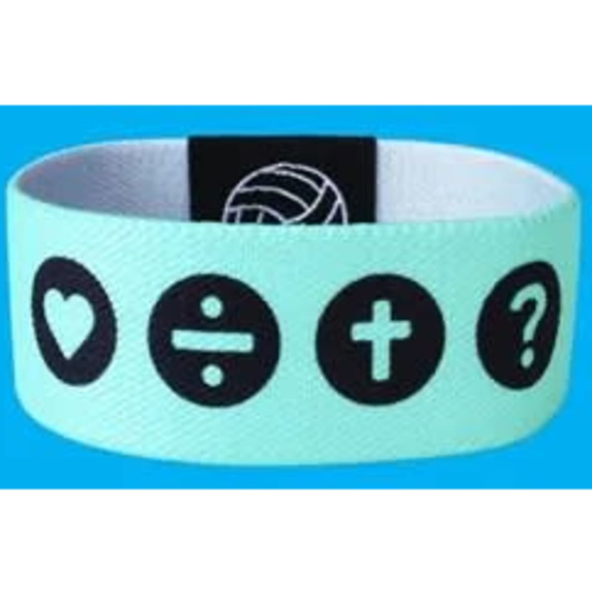 A mint green elastic wristband featuring black symbols: heart, division sign, cross, and question mark, with a logo tag.