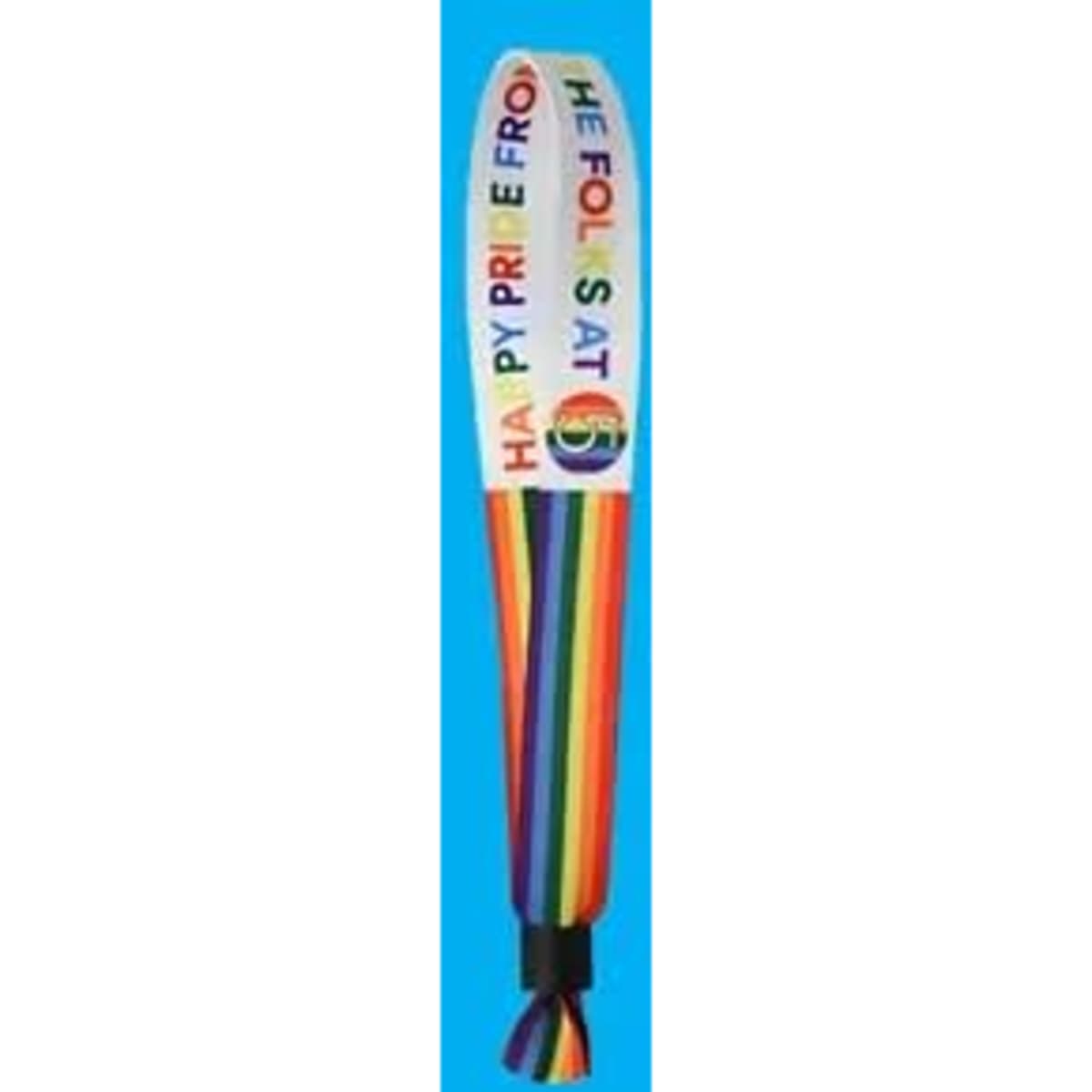 A satin sublimated wristband featuring rainbow colours with a logo, designed for event promotion.