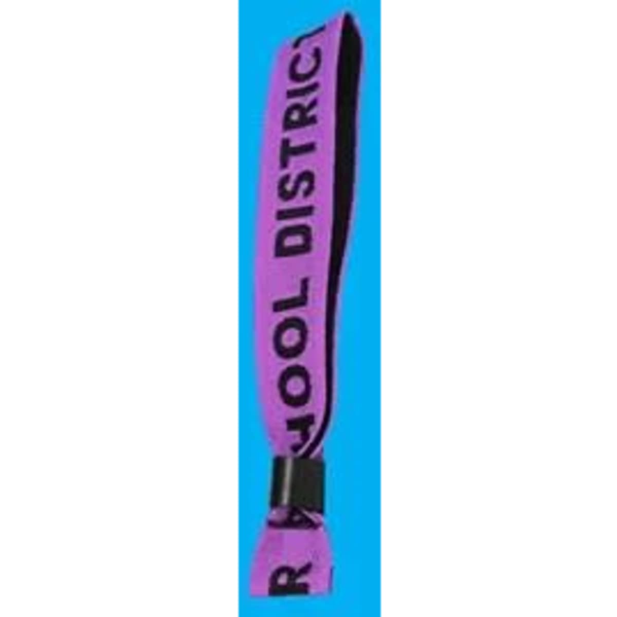 A purple woven wristband featuring text and a logo, designed for events.