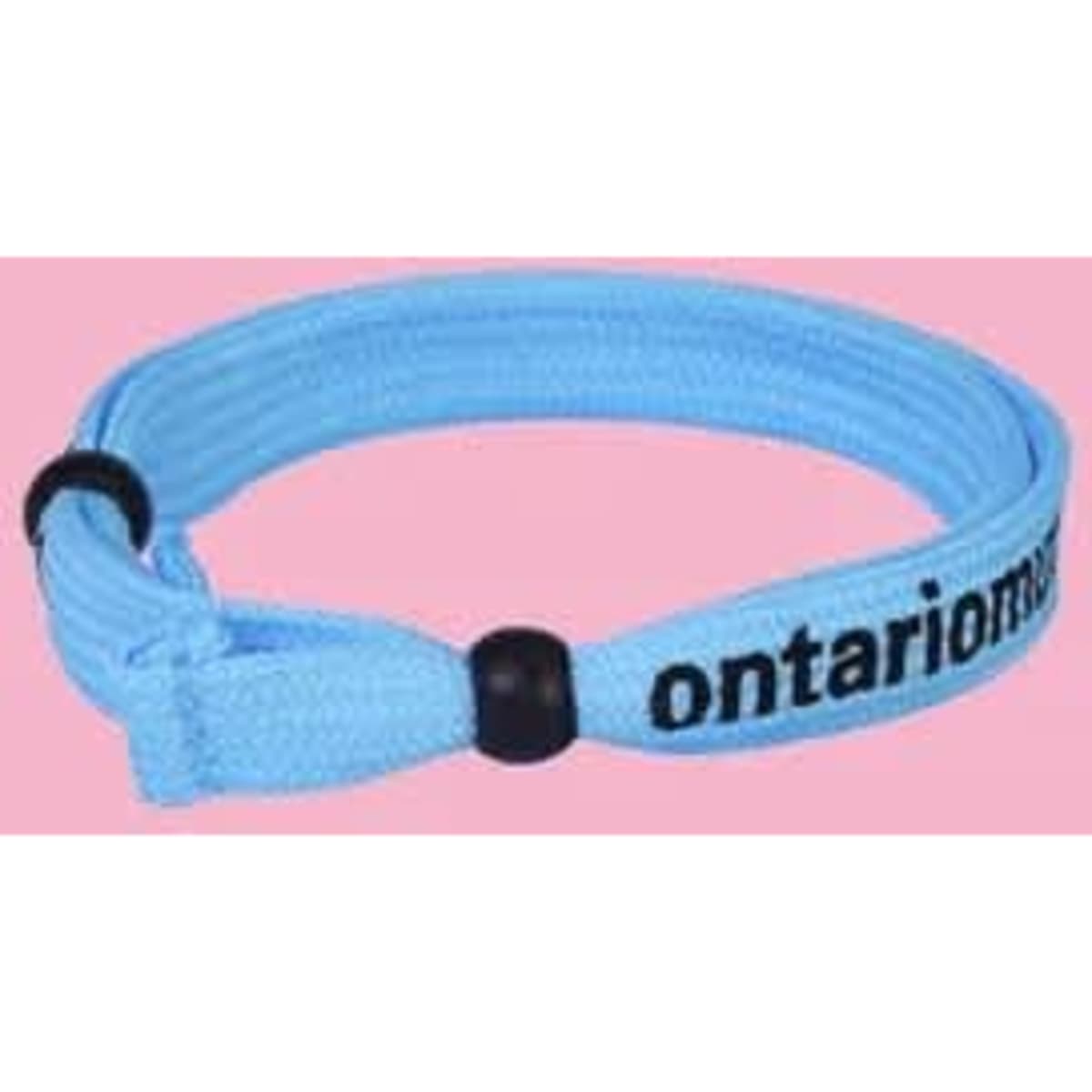 A light blue adjustable double-layer friendship bracelet with a black logo. The bracelet features a sliding knot for size adjustment.