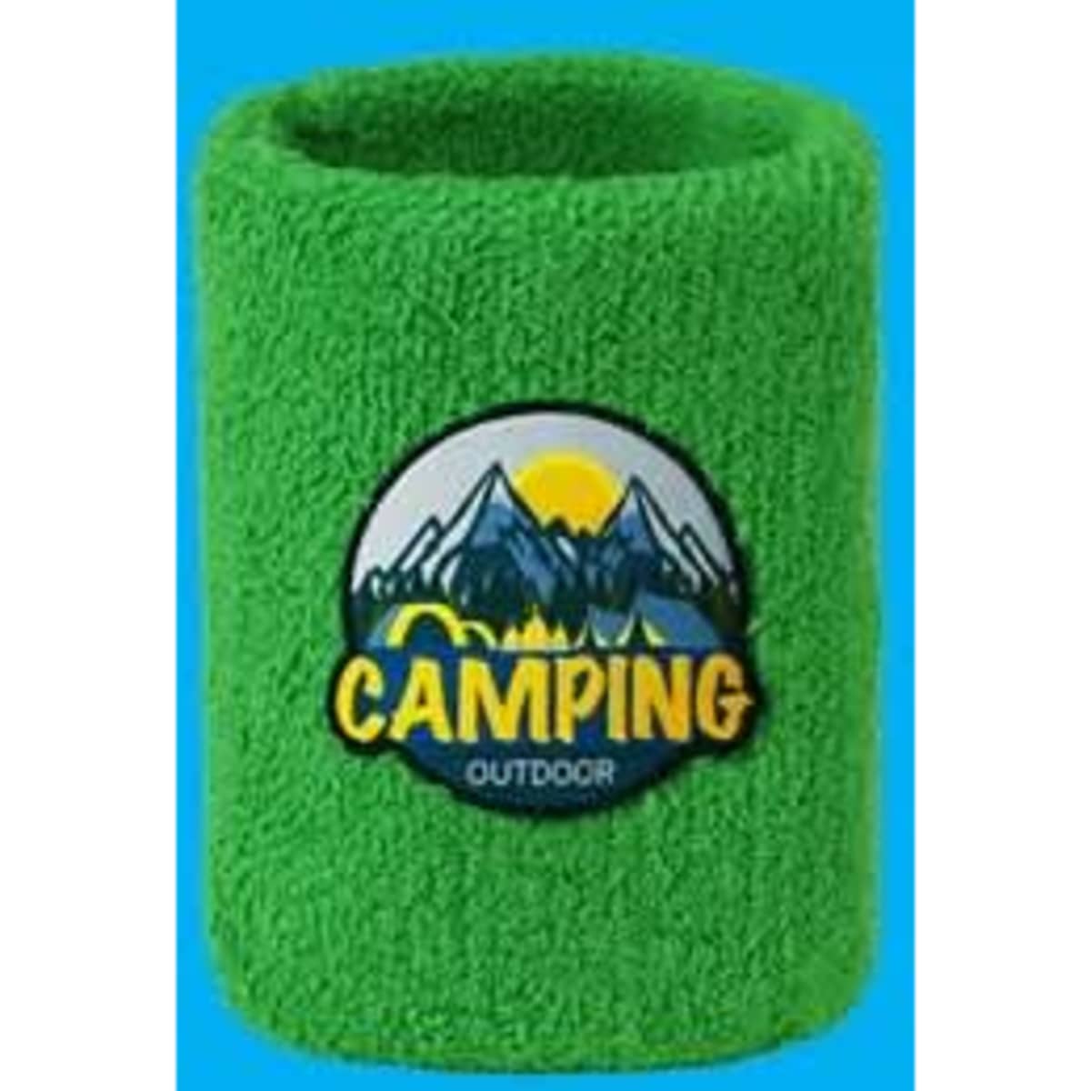 A green terry sweatband wristband featuring a woven logo with a mountain and sun design.