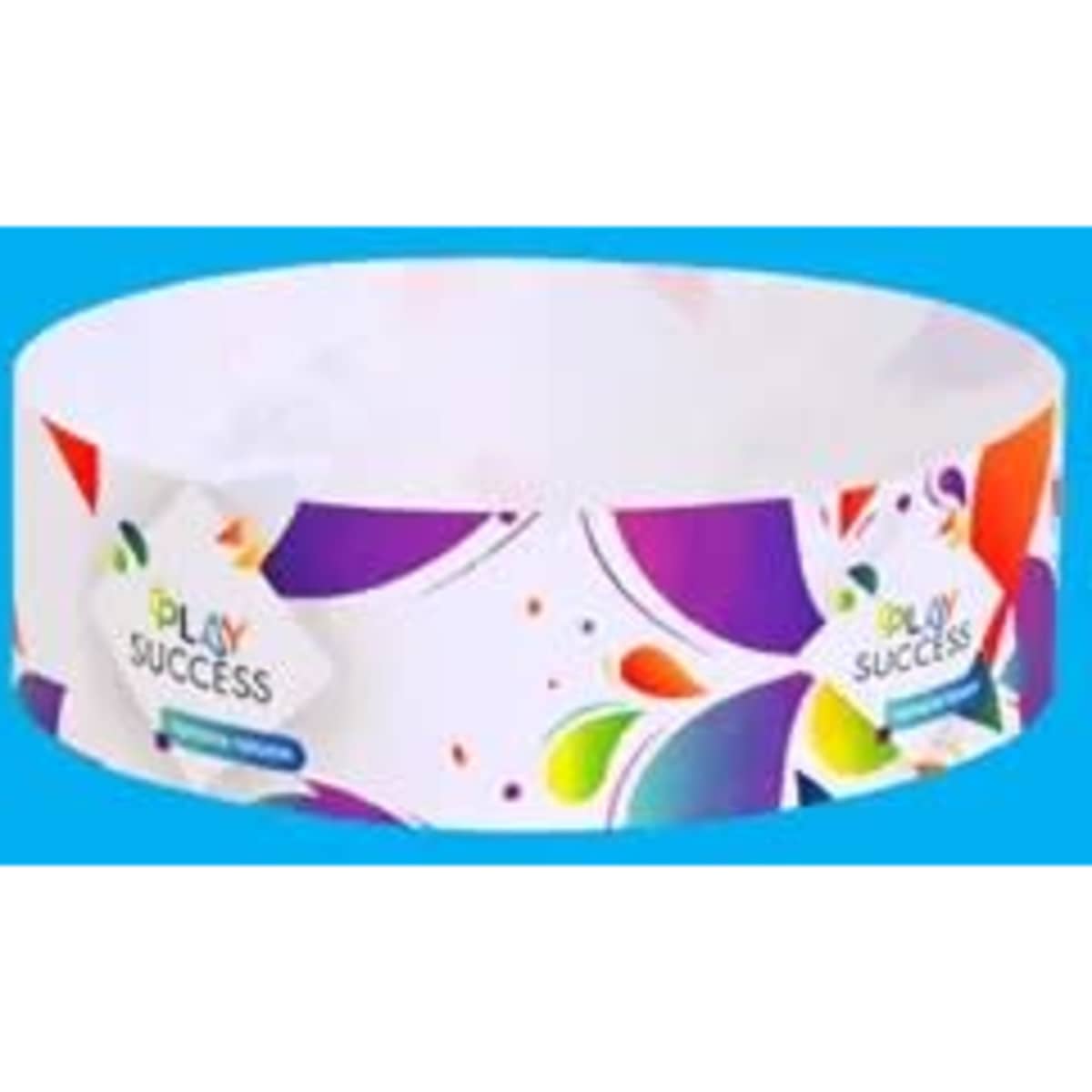A white Tyvek paper bracelet with colourful splashes and a logo.