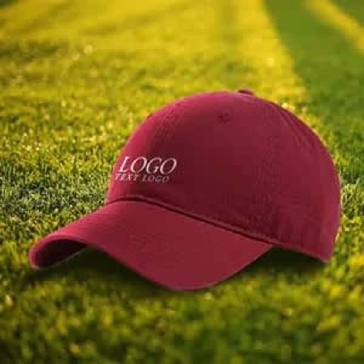 A burgundy cap with a logo, placed on a grassy field.