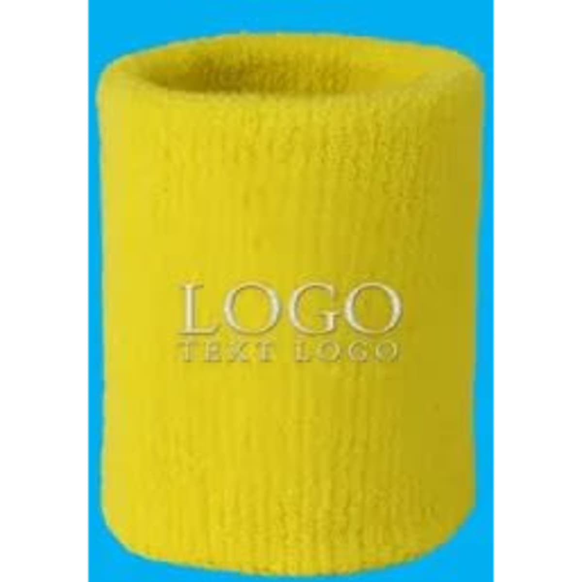 A yellow Terry sweatband wristband with an embroidered logo featured on a bright blue background.