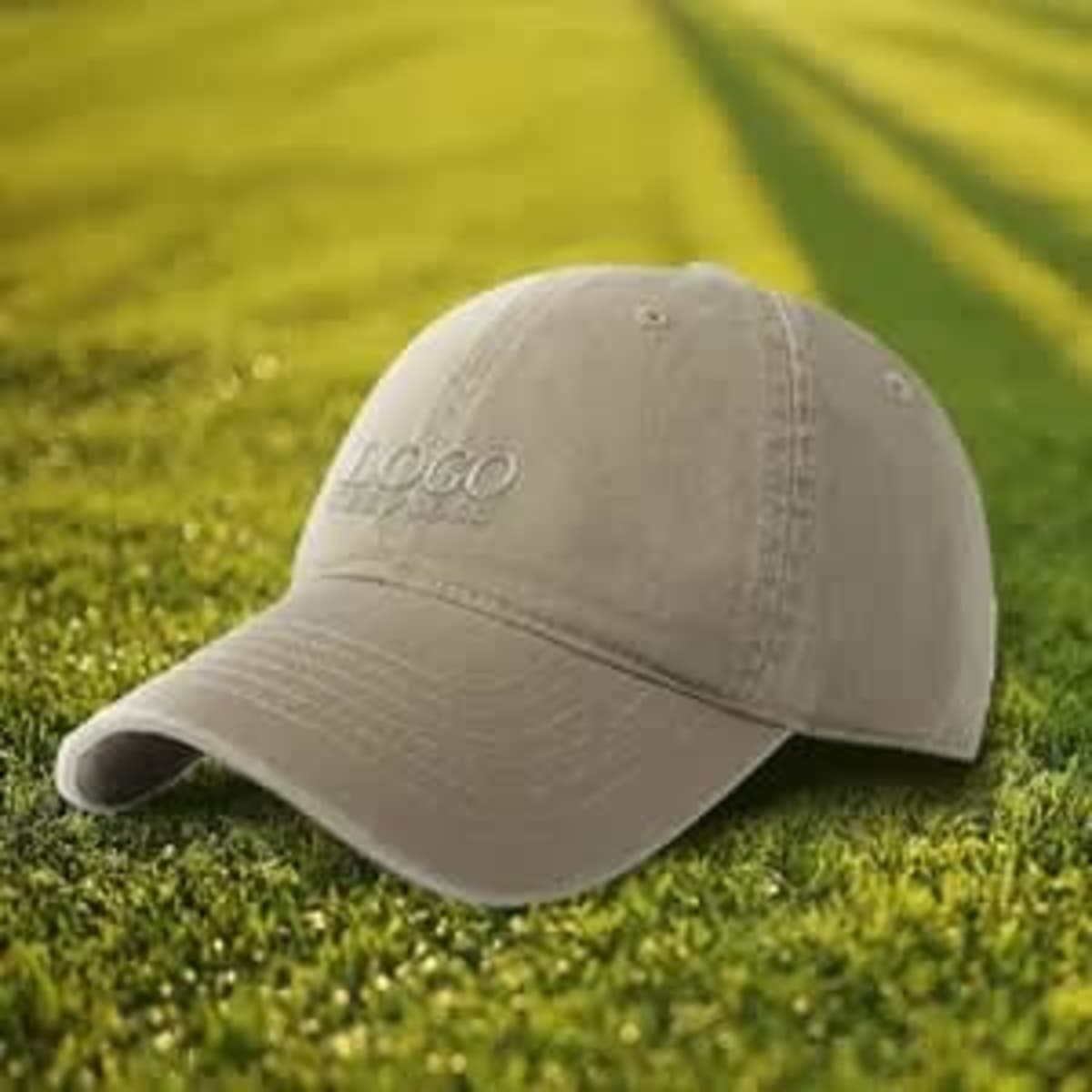 A high-end simple custom hat in beige resting on green grass, featuring a logo.