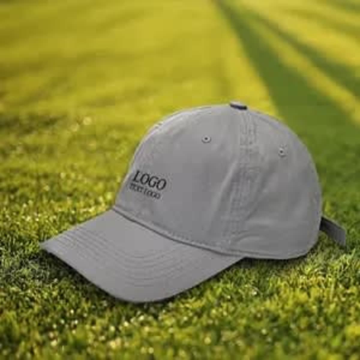 A grey dad hat with an embroidered logo, resting on green grass under sunlight.