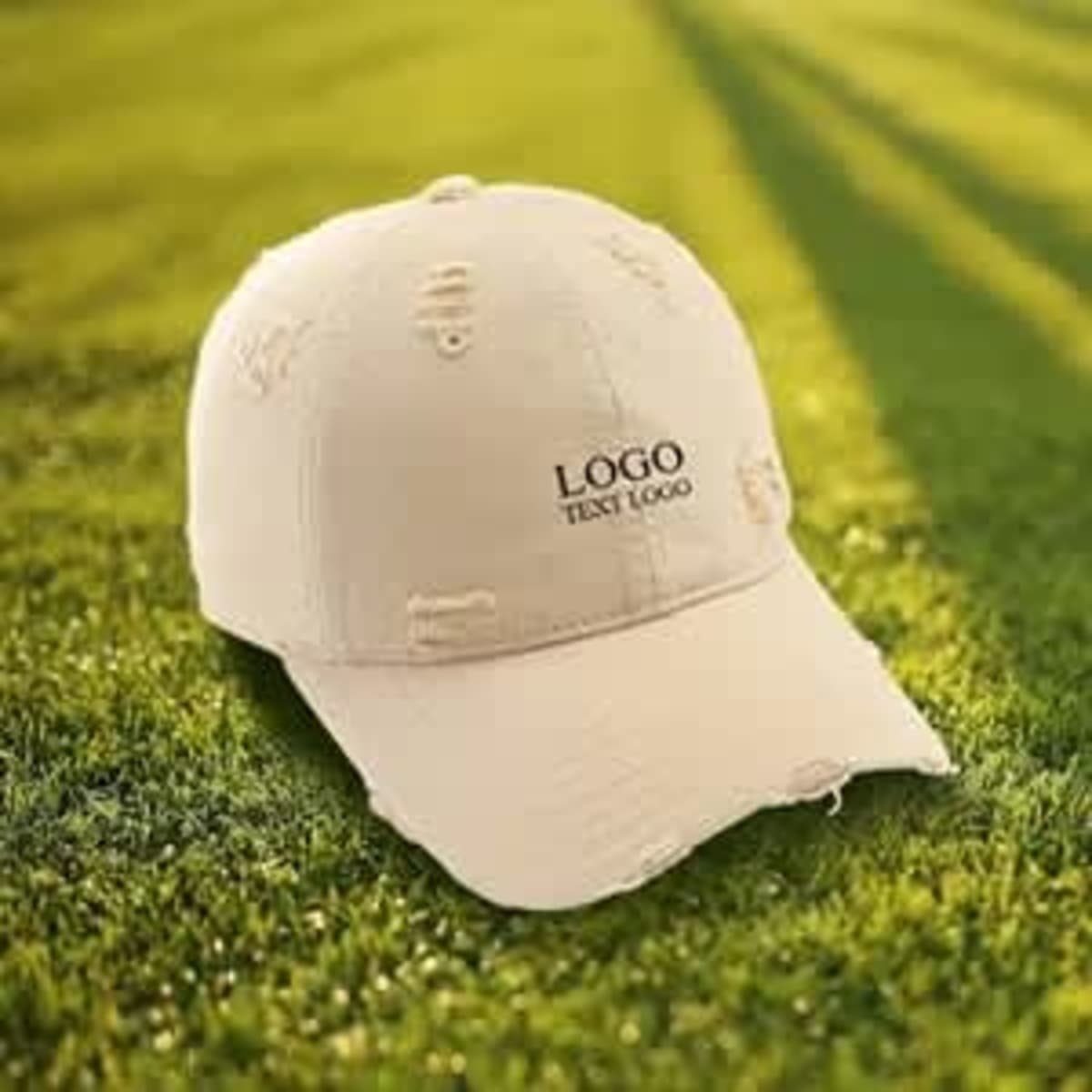 A beige dad hat with an embroidered logo, featuring a distressed design, placed on grass under sunlight.