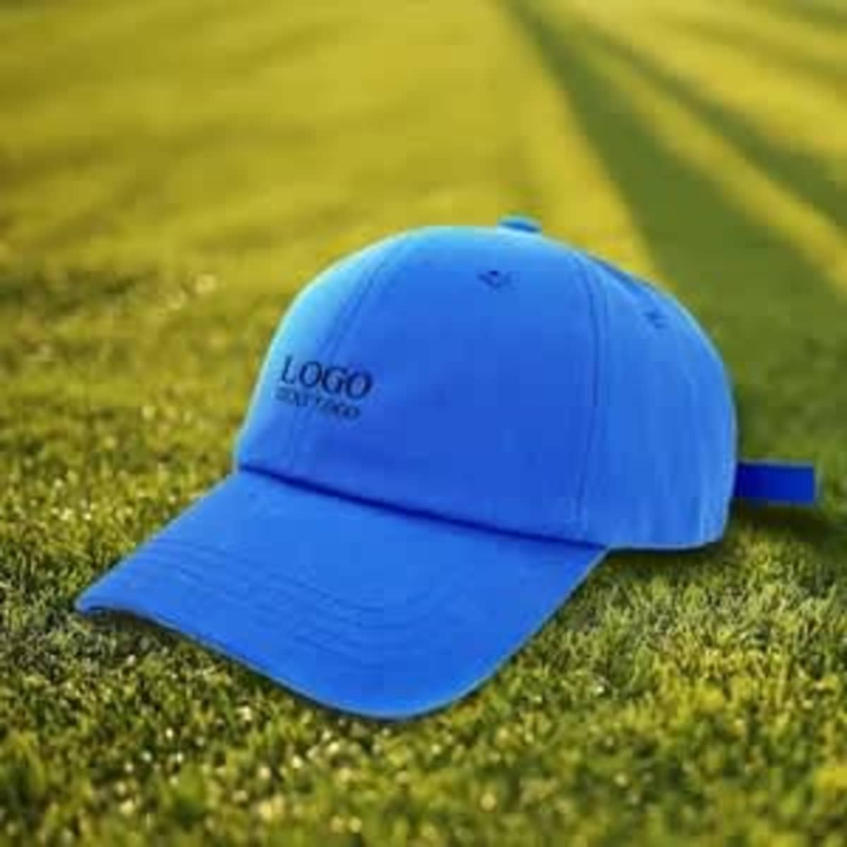 A blue dad hat rests on green grass, featuring a logo on the front.