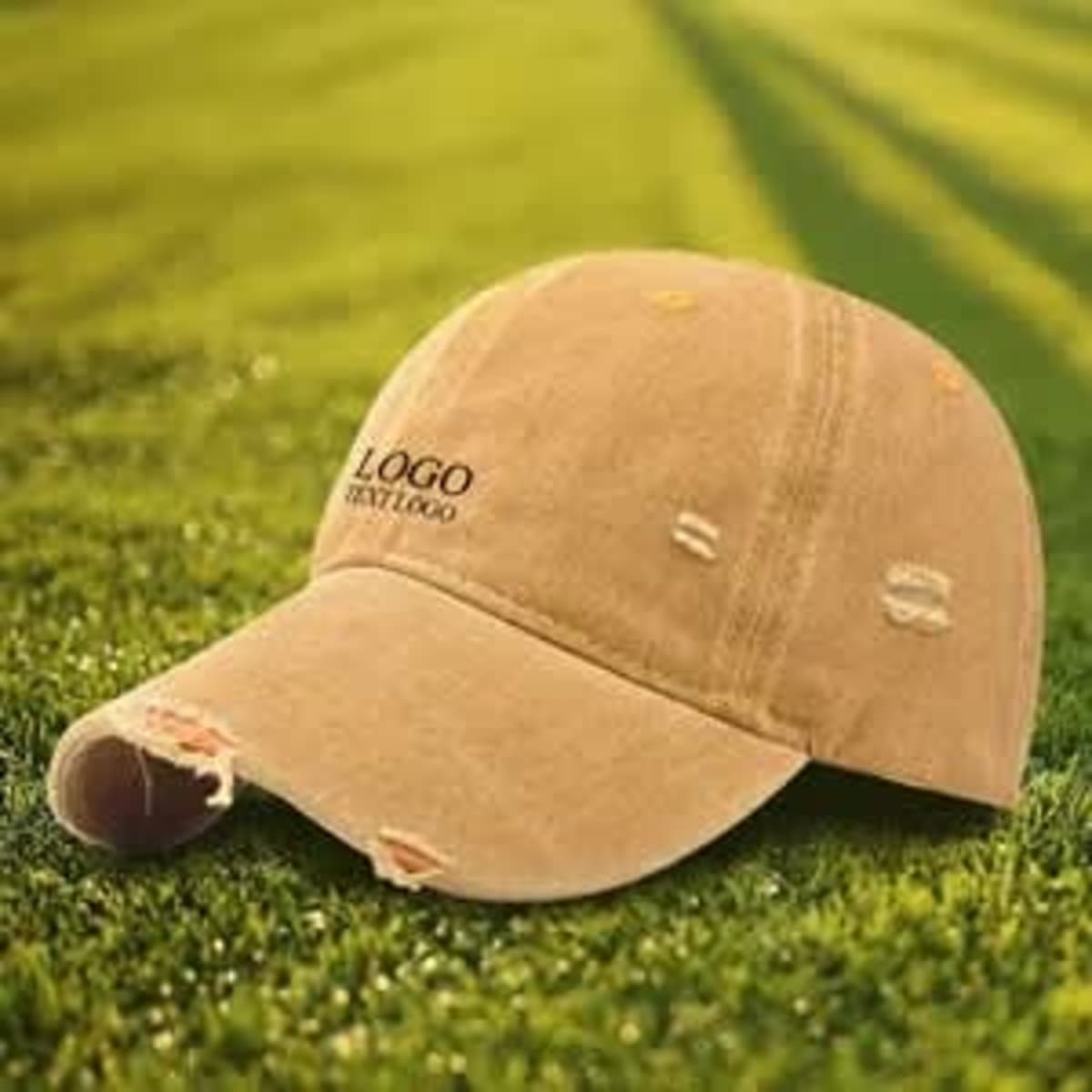 A personalised ripped distressed custom hat in a sandy beige colour, featuring a logo on the front.