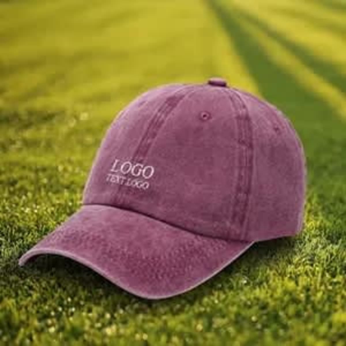 A custom retro washed hat in a muted purple colour, featuring a logo on the front, placed on grass.