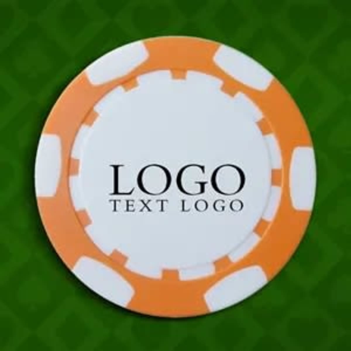 A round plastic poker chip featuring a white centre with orange edges and a logo.