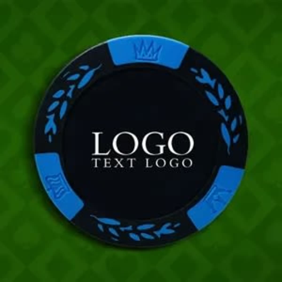 A poker chip in black with blue accents and a decorative logo around the edge.