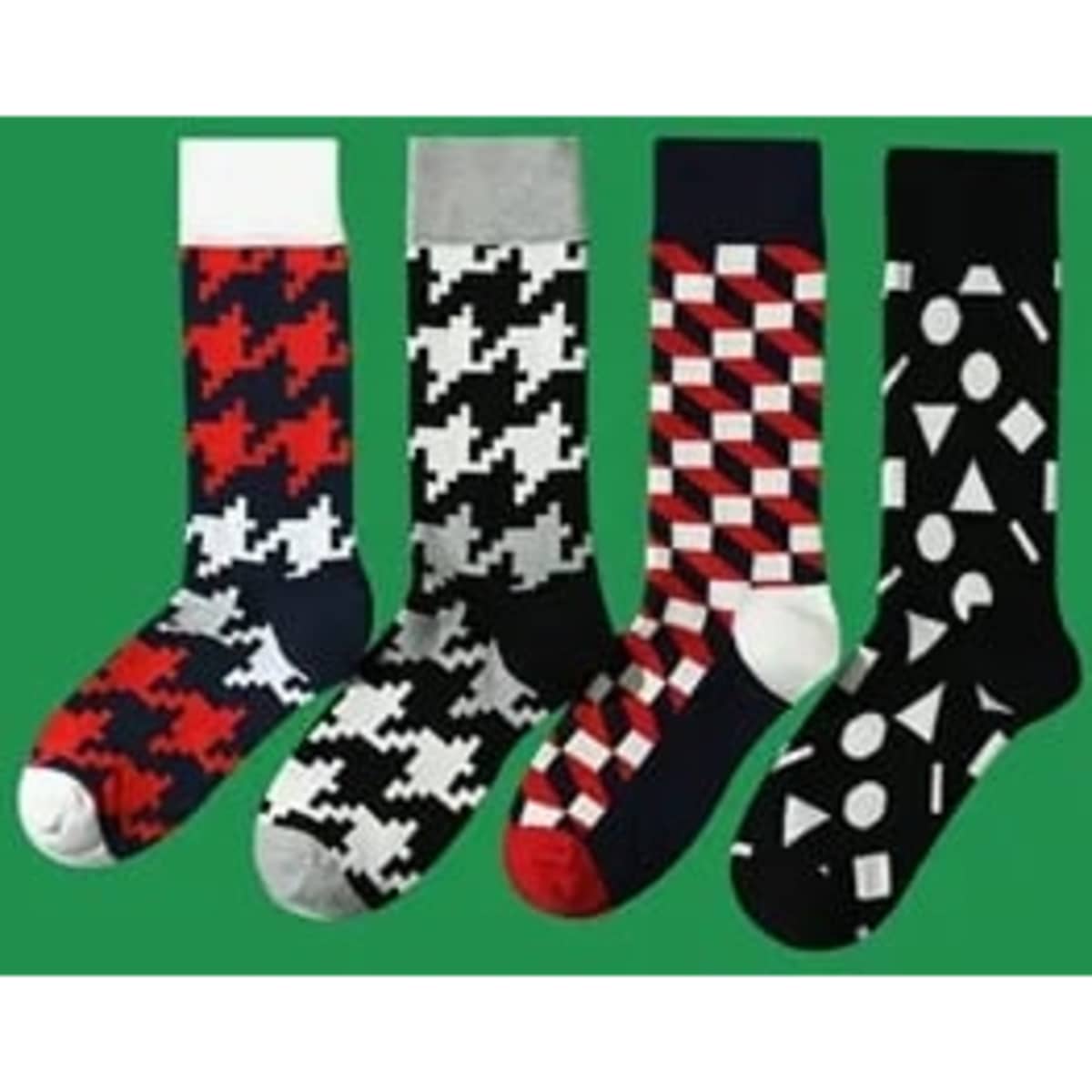 A set of four pairs of mid-calf crew cotton socks featuring various patterns in red, black, and white.