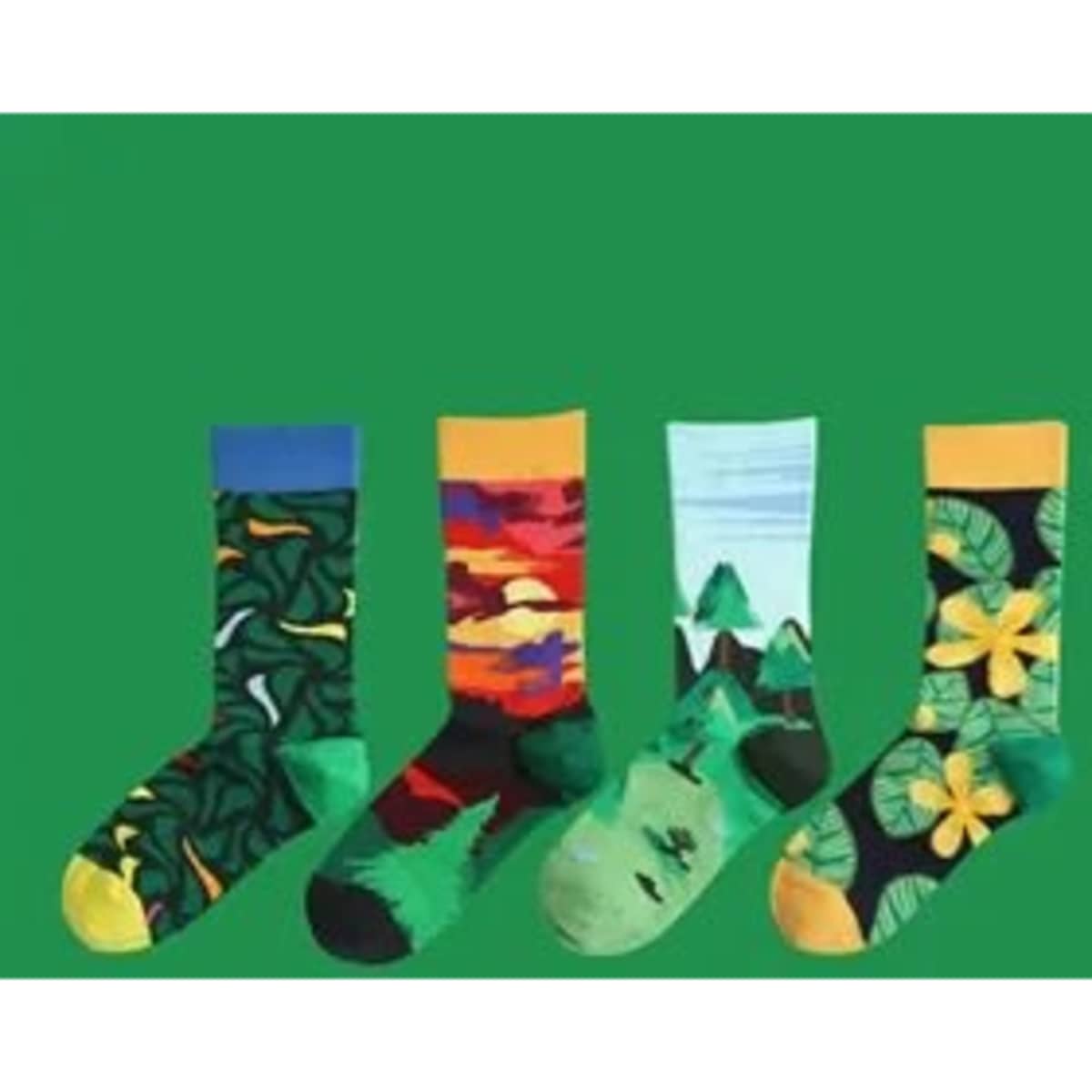 Four pairs of custom casual jacquard socks featuring vibrant designs in green, yellow, red, and blue hues.