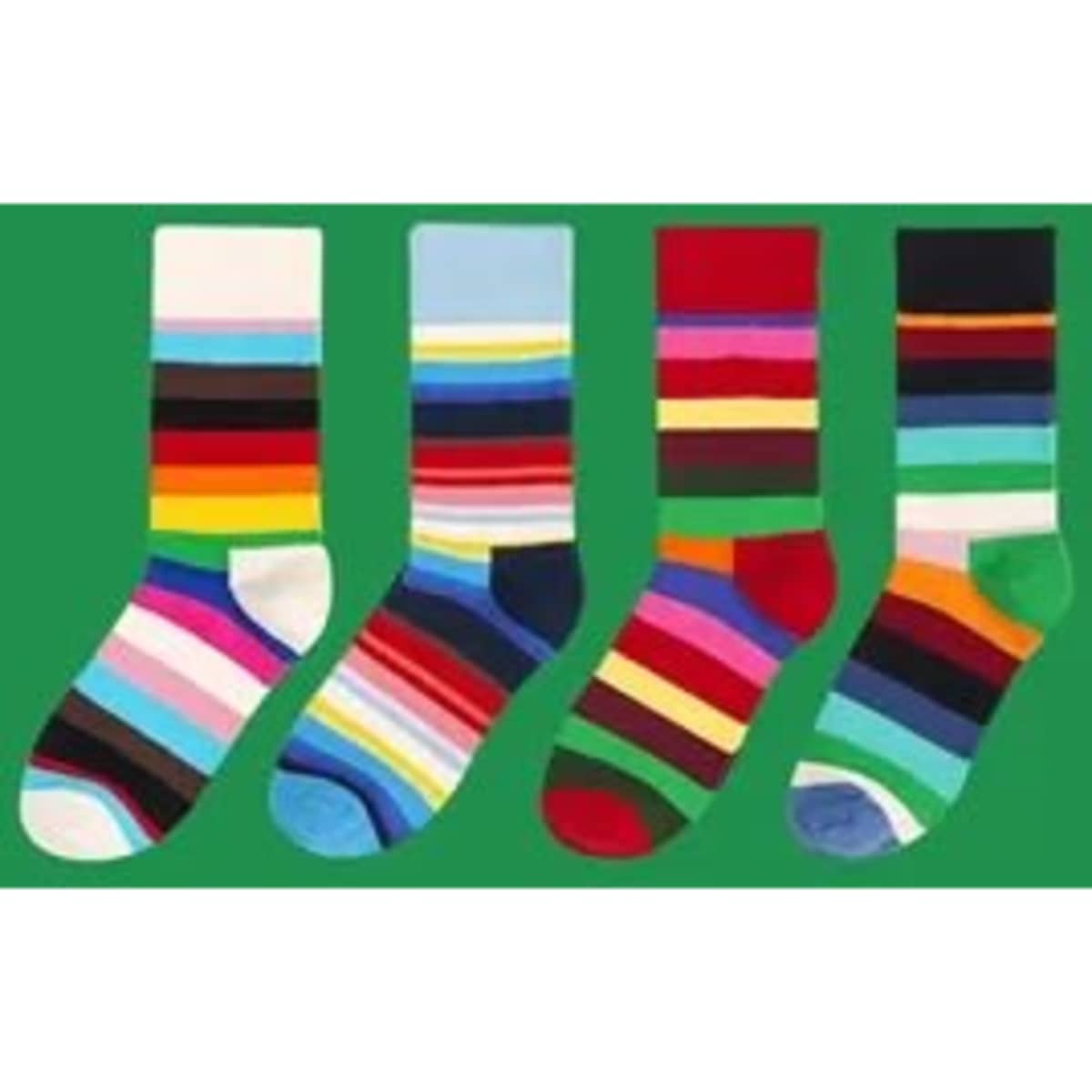 A set of four unisex crew socks in assorted bright colours and patterns, featuring stripes and a variety of hues.