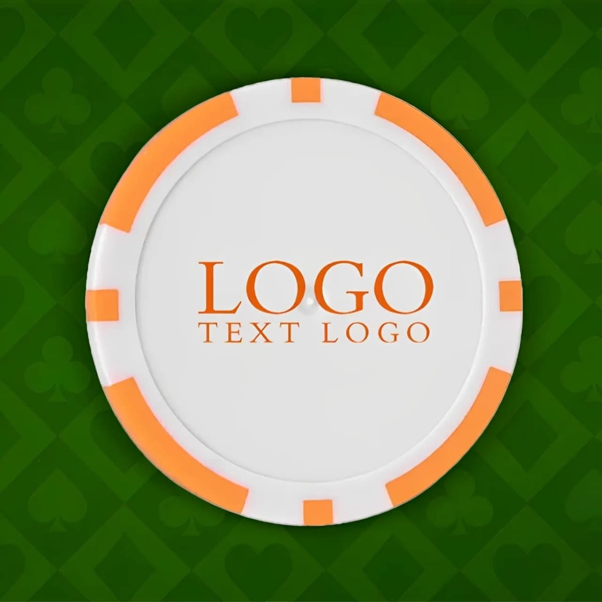 A circular poker chip in white with orange accents and a logo in the centre.