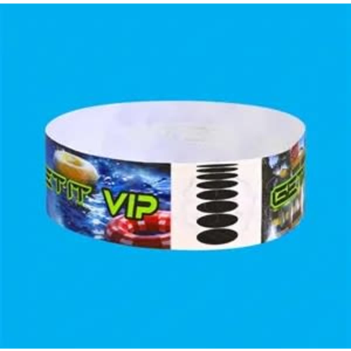 A Tyvek paper bracelet in white featuring various designs and a logo, set against a blue background.