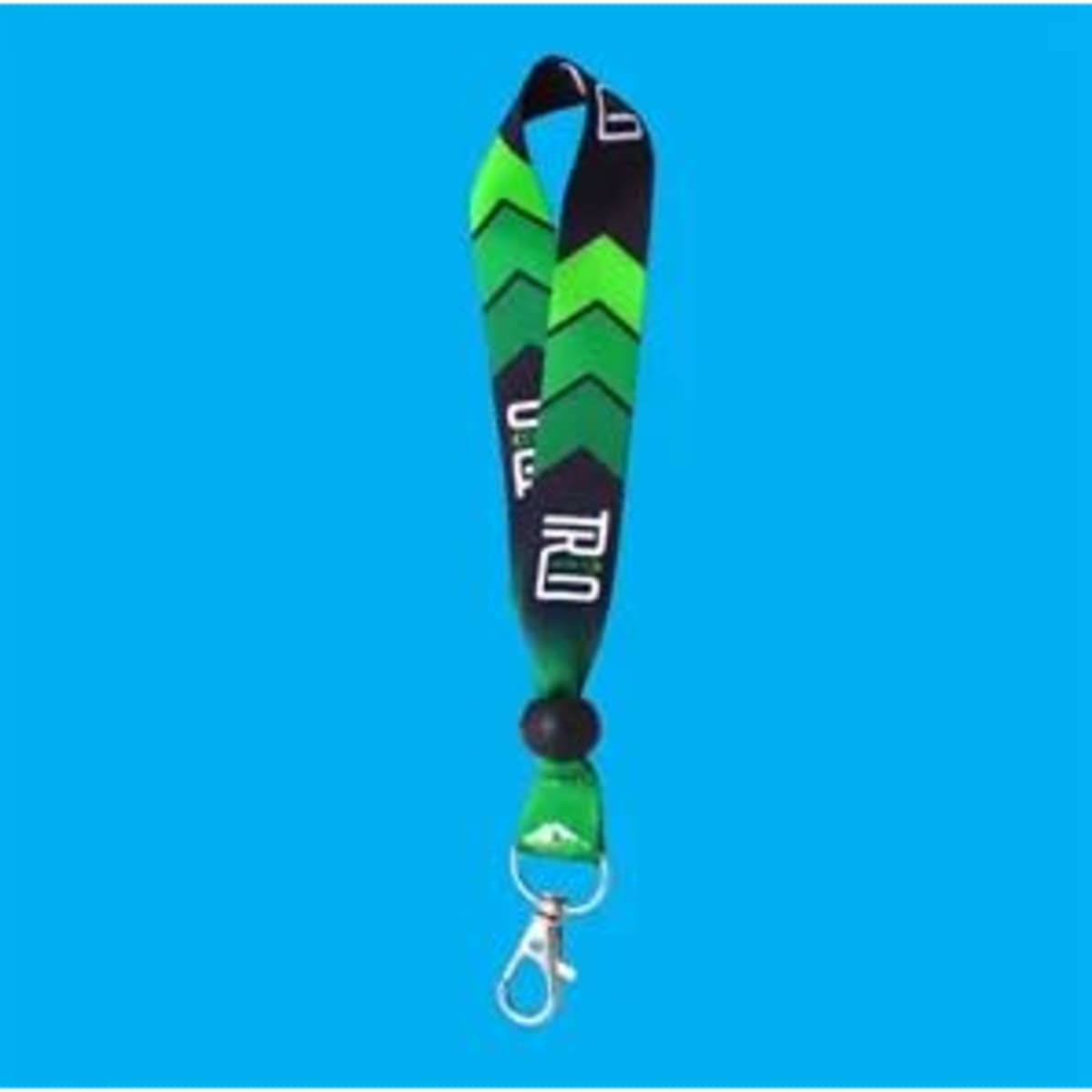 A green and black patterned wristband with a lobster clasp, featuring a logo.