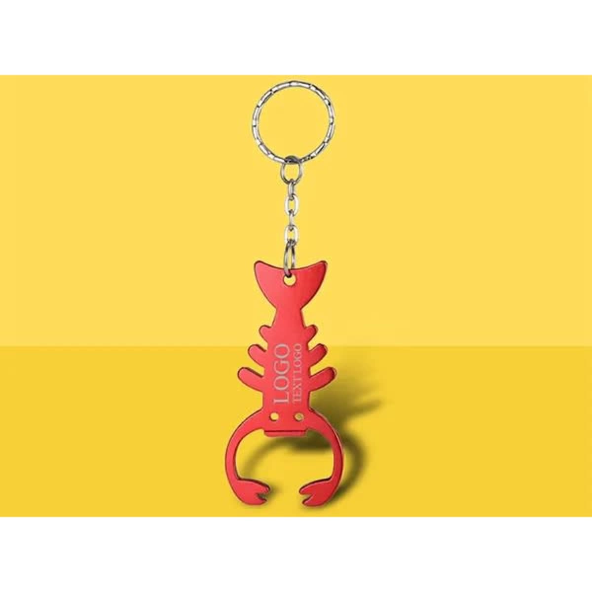 A drink bottle opener key chain in the shape of a red lobster, featuring a circular metal keyring and a logo.