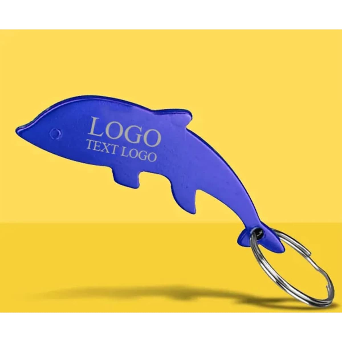 A drink bottle opener shaped like a dolphin, featuring a blue finish and a key ring attachment. It has a logo.