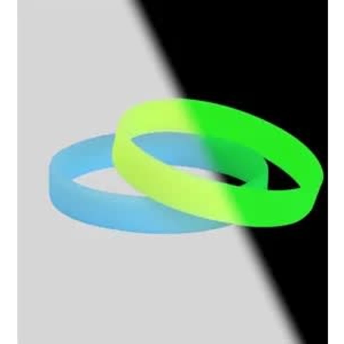 A glow-in-the-dark silicone bracelet set in blue and green, featuring a sleek design and soft texture.