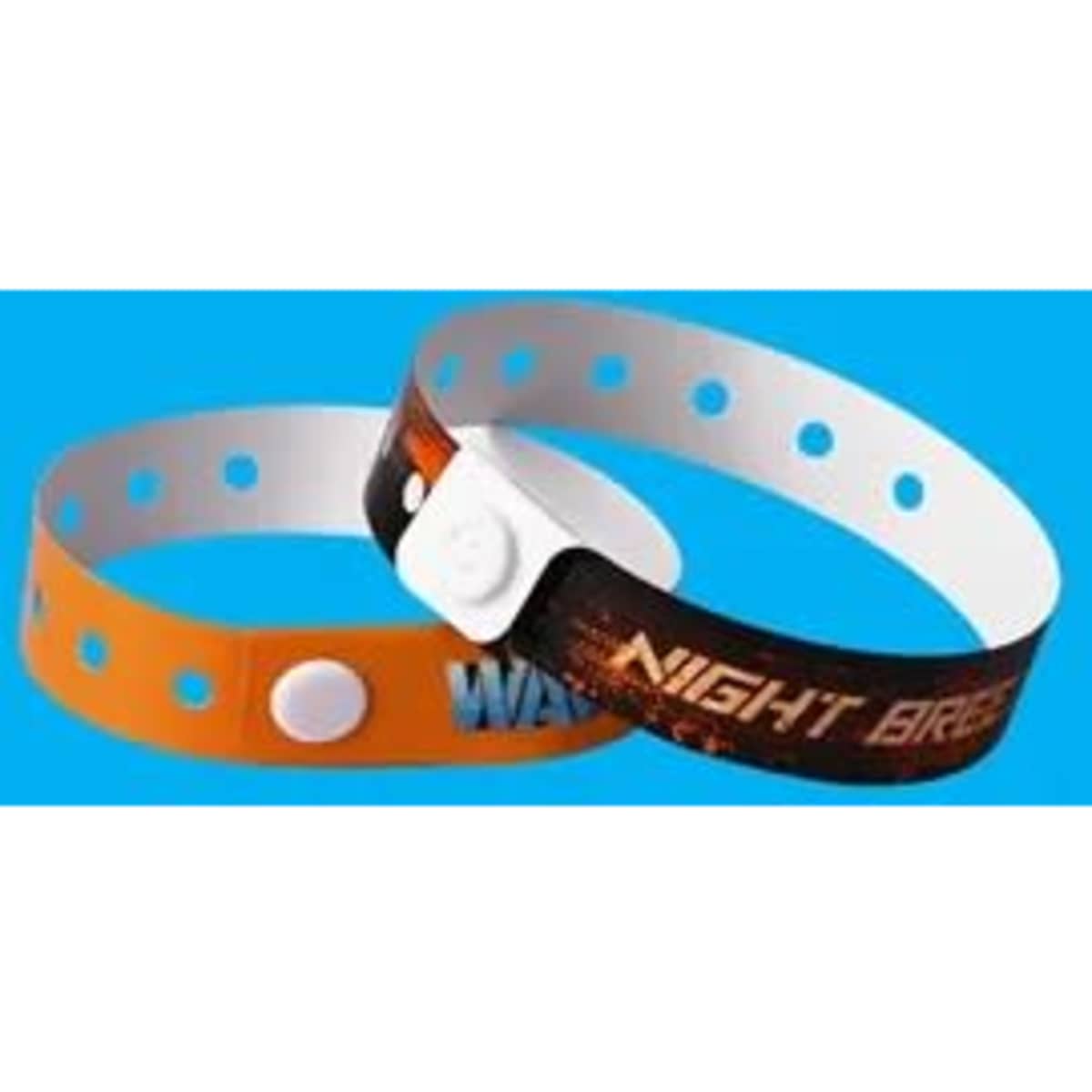Two PVC waterproof identification wristbands in orange and black with circular holes and a snap closure.