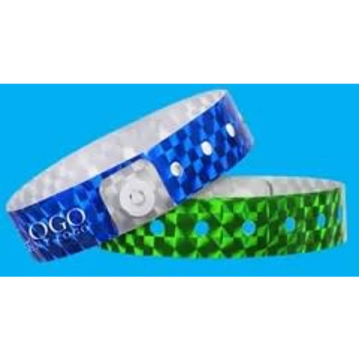 Two disposable laser holographic identification bracelets, one blue and one green, both featuring a button and a logo.