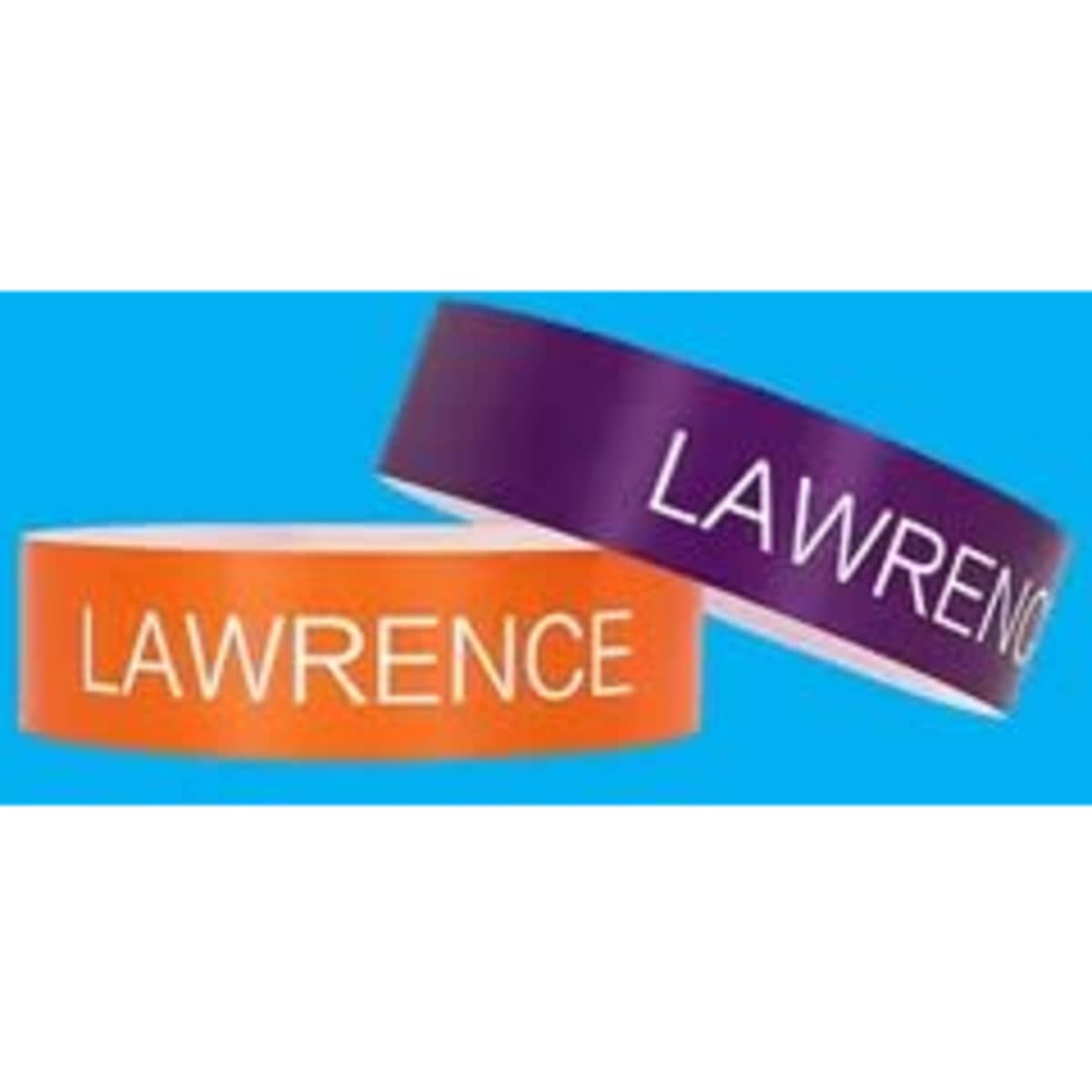 Two synthetic paper bracelets, one orange and one purple, featuring the name "LAWRENCE" in white text.