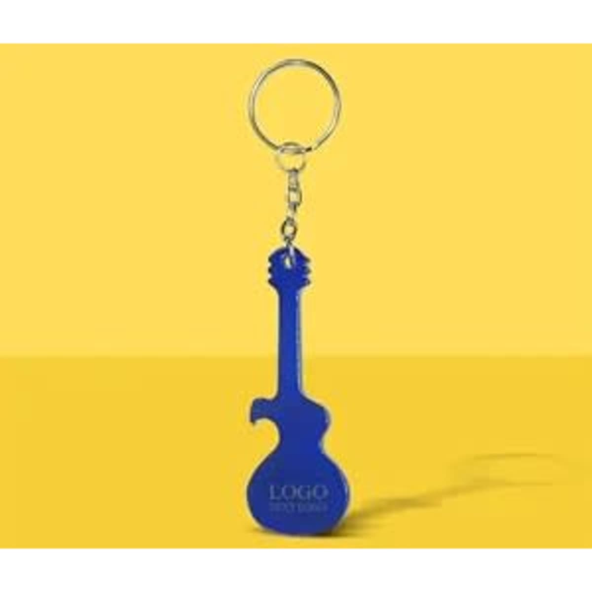 A drink bottle opener keychain in the shape of a guitar, coloured blue with a metal keyring and a logo.
