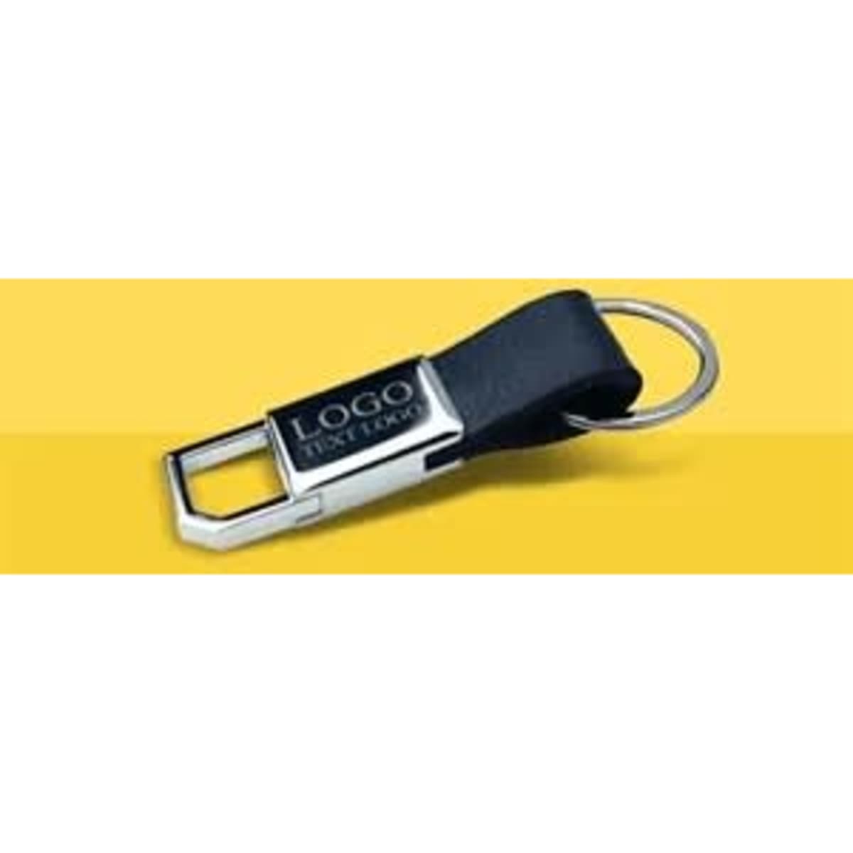 A luxury genuine leather keychain in navy blue with a silver metal buckle and ring, featuring a logo.