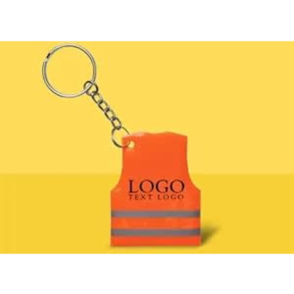 An orange reflective safety vest keytag featuring a keyring attachment and a logo.
