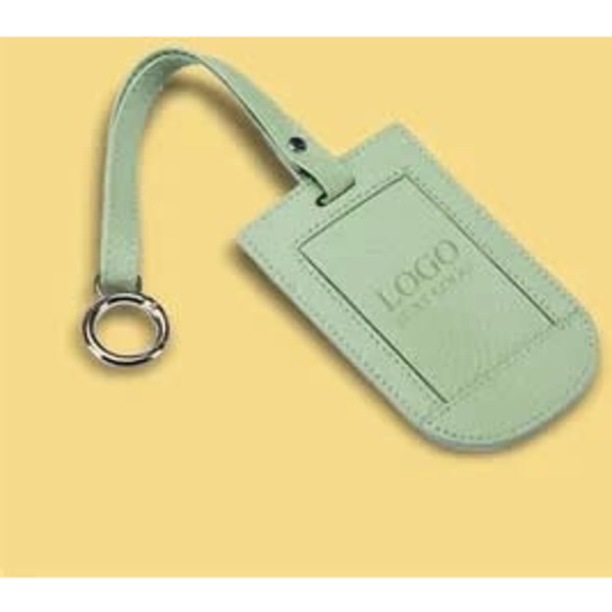 A mint green flap leather luggage tag with a metal buckle and a logo.