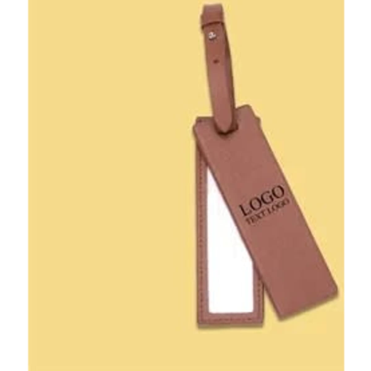 A vegan leather luggage tag in a brown hue, featuring a clear identification section and a logo.