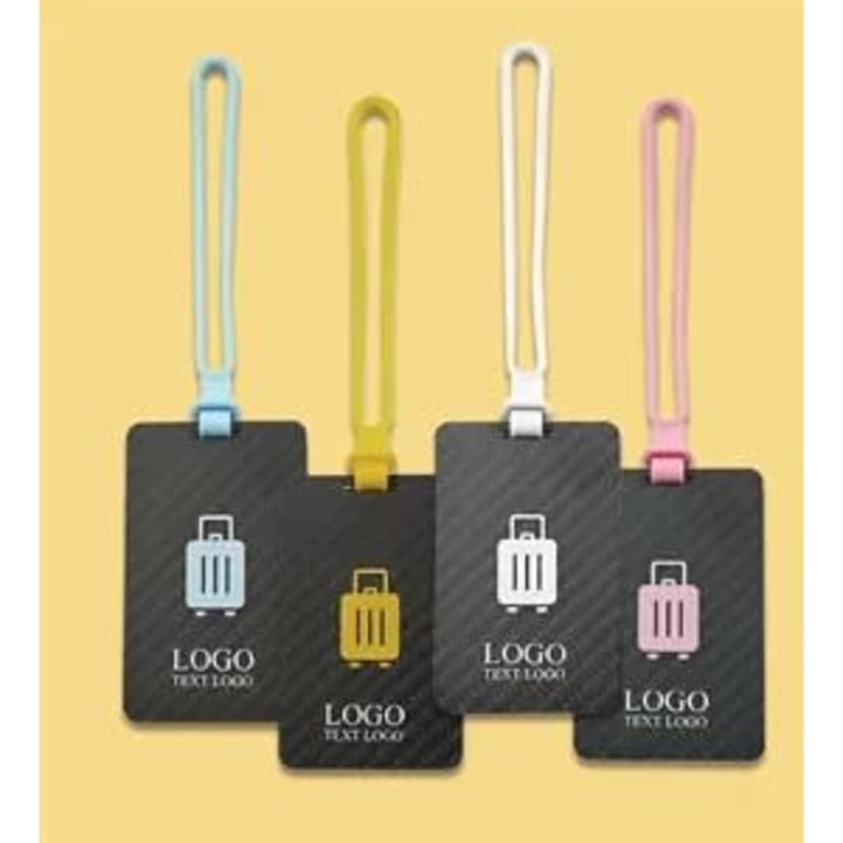A set of four carbon fibre luggage tags in black with coloured straps: blue, yellow, pink, and green. Each tag has a logo.