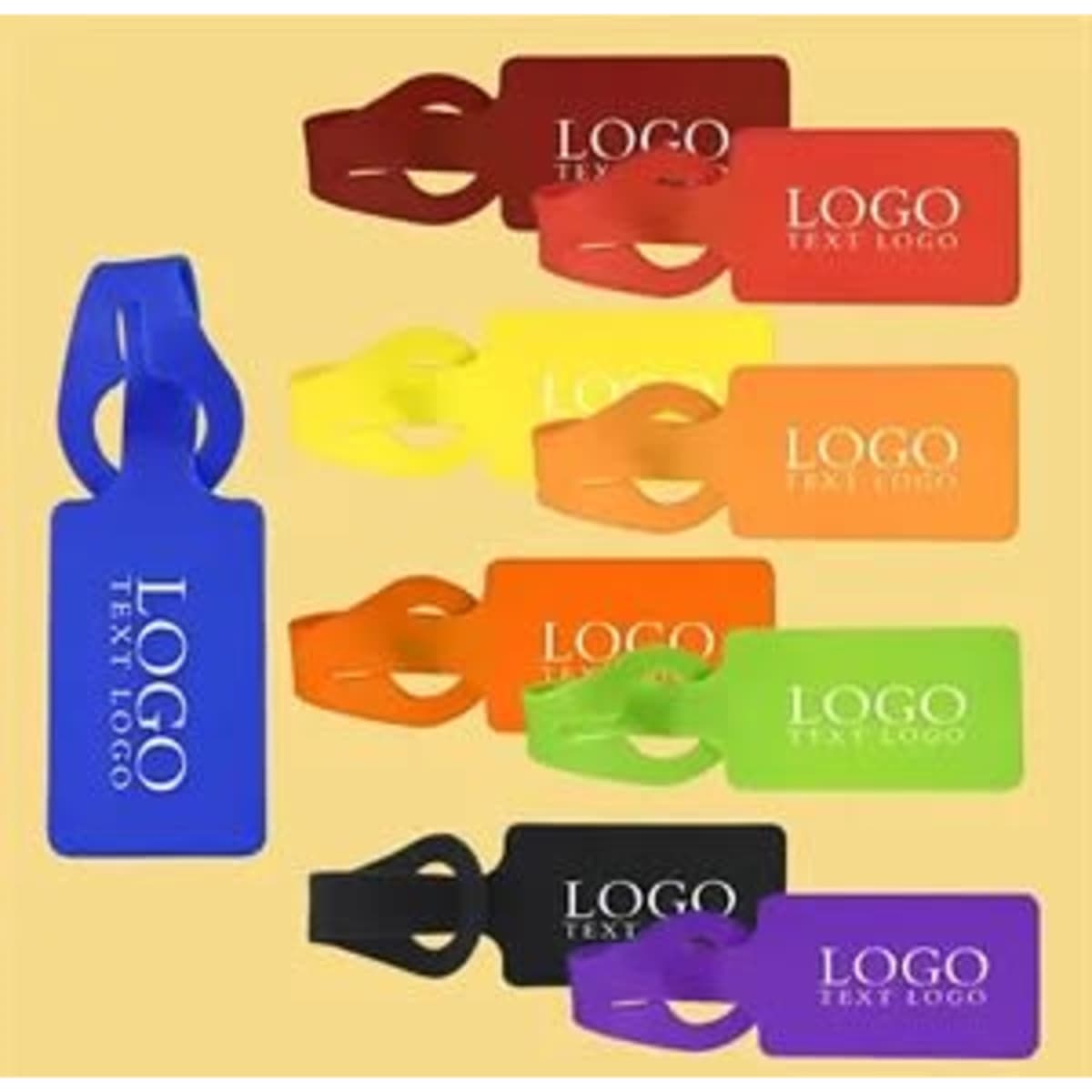 A selection of rectangular silicone luggage tags in blue, red, yellow, orange, and purple, featuring a logo.