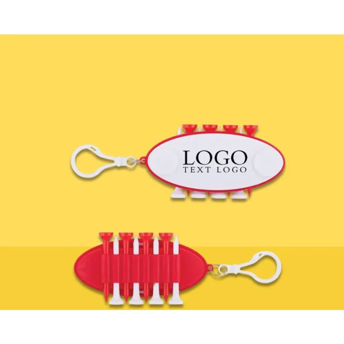 A golf tool set key tag in red and white, featuring a clip and space for a logo.