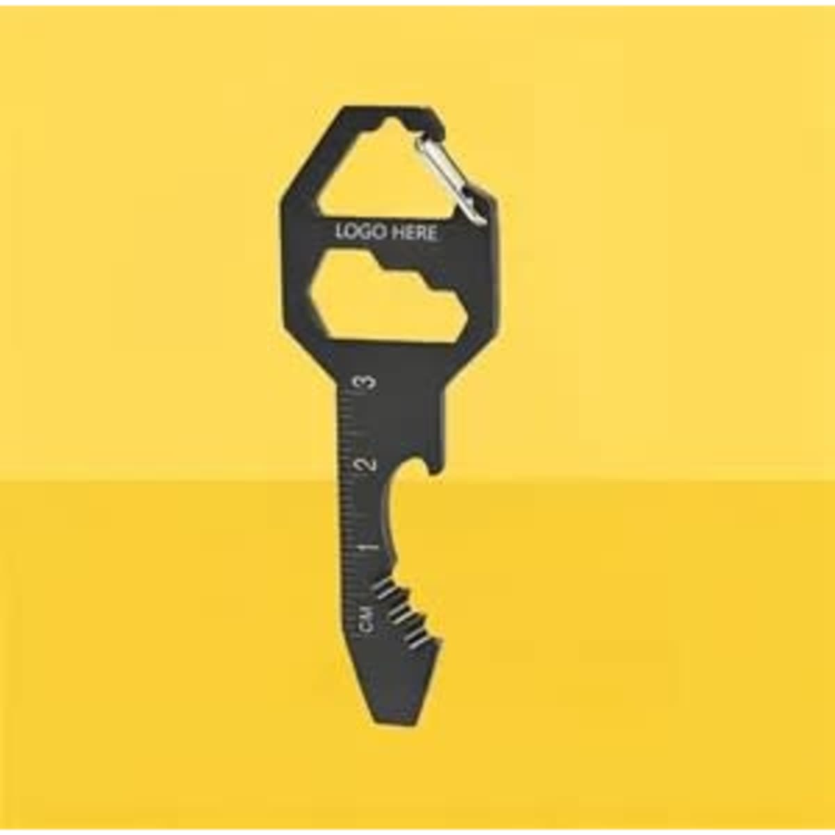 A black 6-in-1 screwdriver and bottle opener with a keyring attachment and a logo.