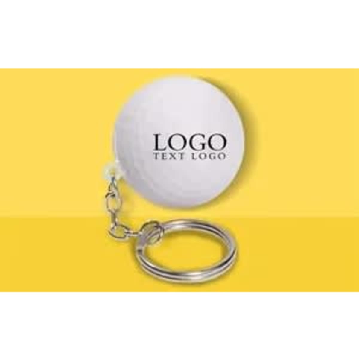 A white golf ball stress ball keychain with a metal ring attachment and a logo design.