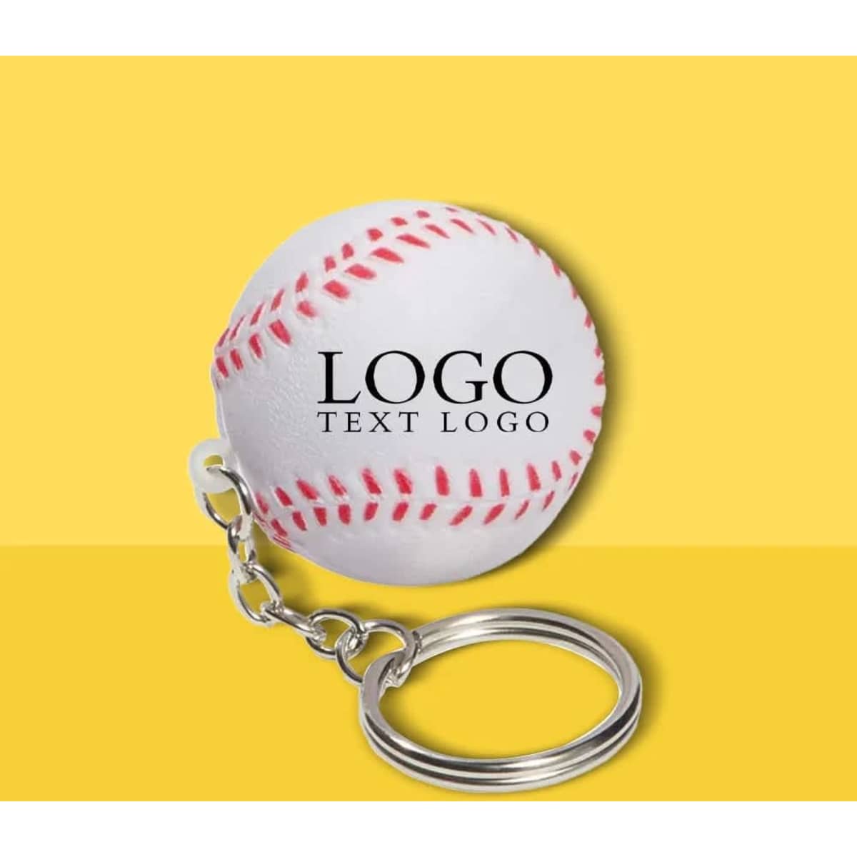 A baseball-shaped stress ball keychain in white with red stitching and a logo.
