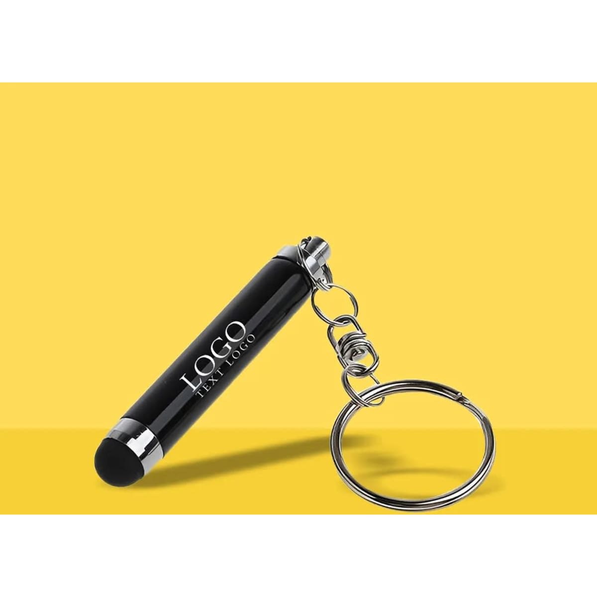 A black stylus pen attached to a silver keychain, featuring a logo on the pen's body.