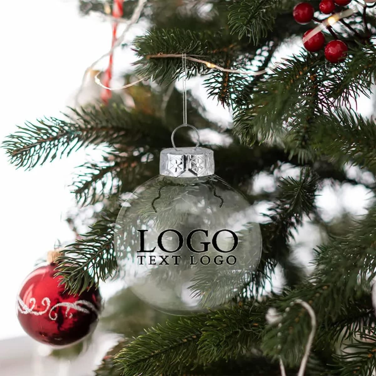 Transparent hanging bauble filled with snow-like material, adorned on a green Christmas tree alongside a red ornamental ball.