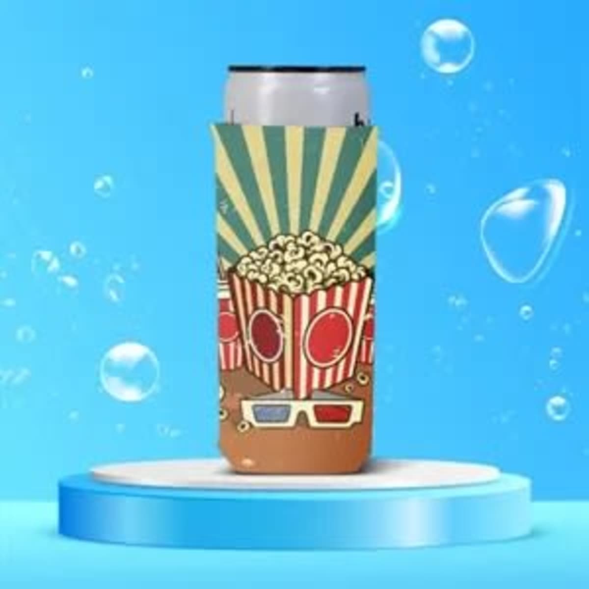 A slim can cooler featuring a popcorn graphic with red and white stripes, set against a blue background.
