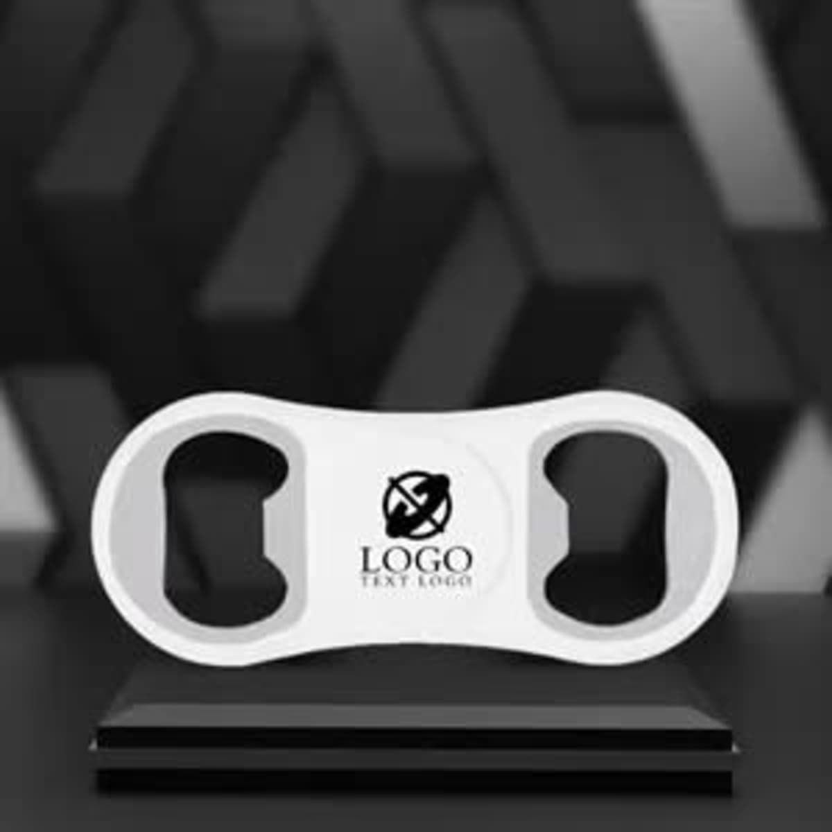 A drink bottle opener fidget spinner in white, featuring dual bottle opener ends and a logo at the centre.