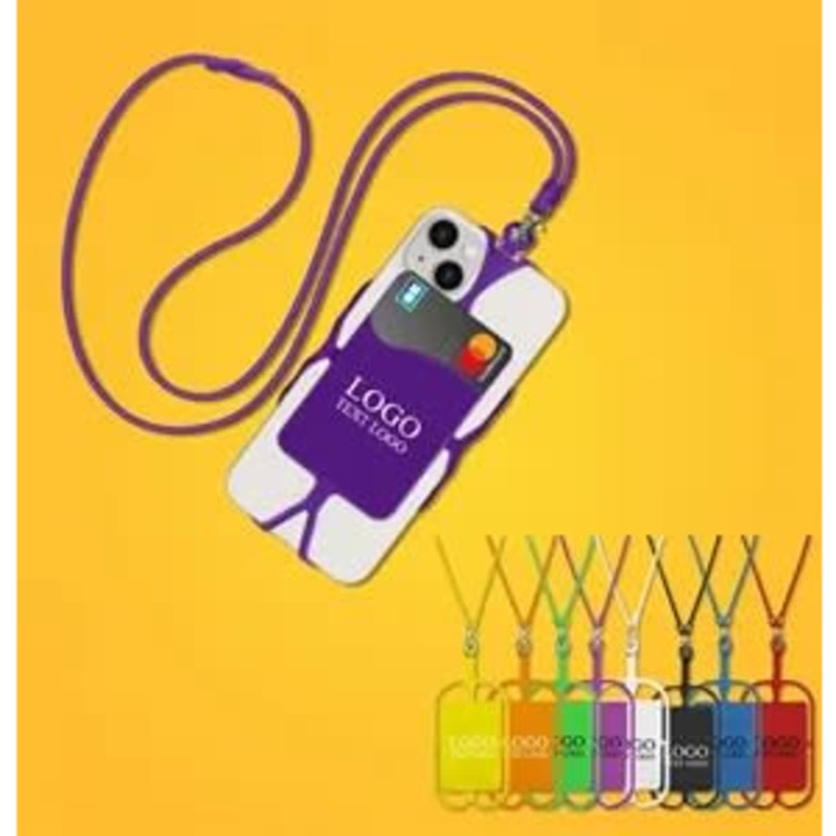 A phone-holding silicone lanyard in various colours, featuring a phone case with a logo and a long strap for wearing.