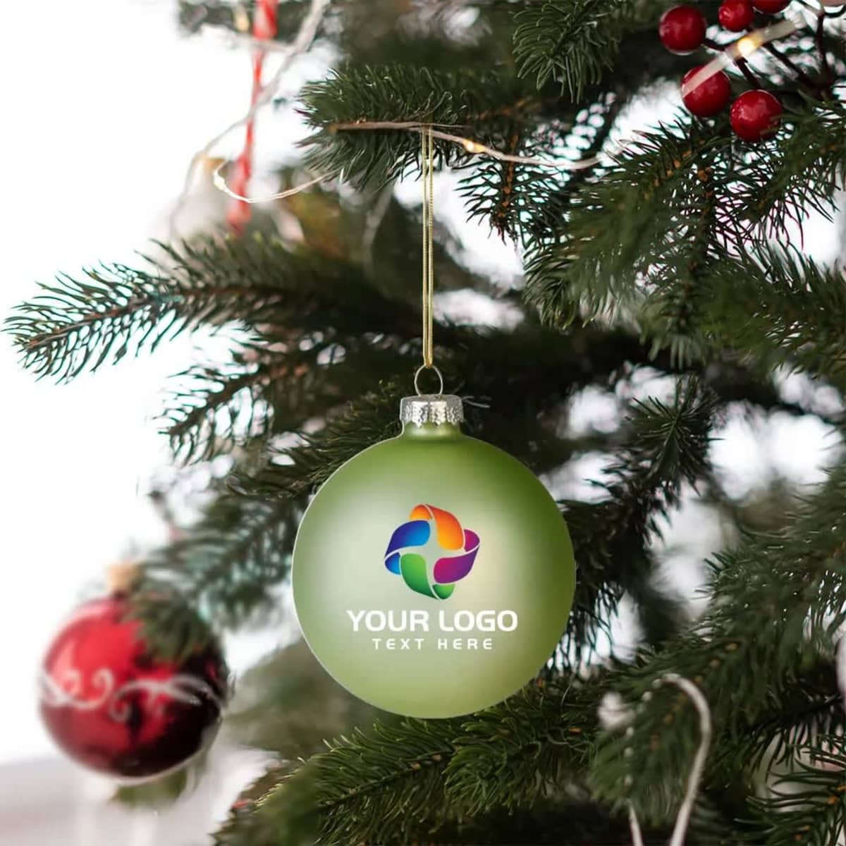 A green glass ball Christmas tree ornament hangs from a pine branch, featuring a logo.
